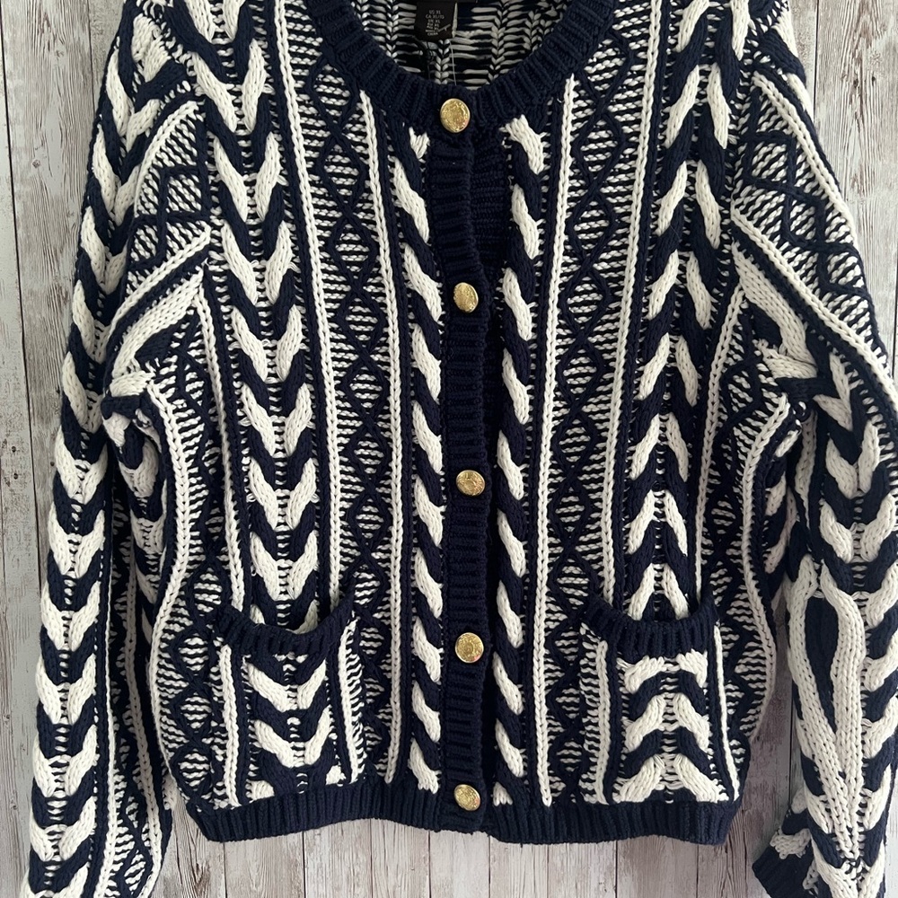 Martha Stewart Navy and White Cable Knit Cardigan Cottage Coastal New XL